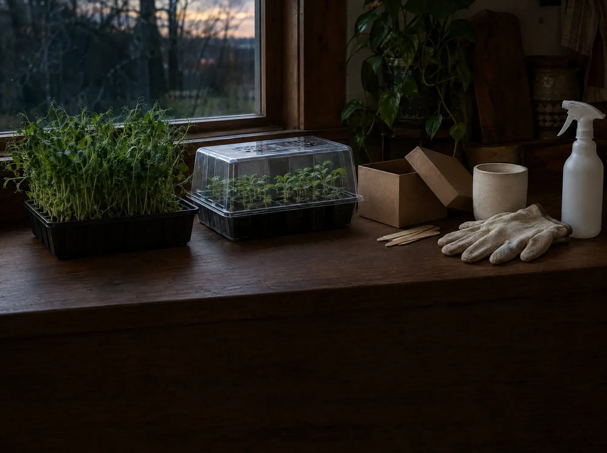 A microgreens tray, a seedling tray with a humidity dome and gardening gloves on a wooden counter