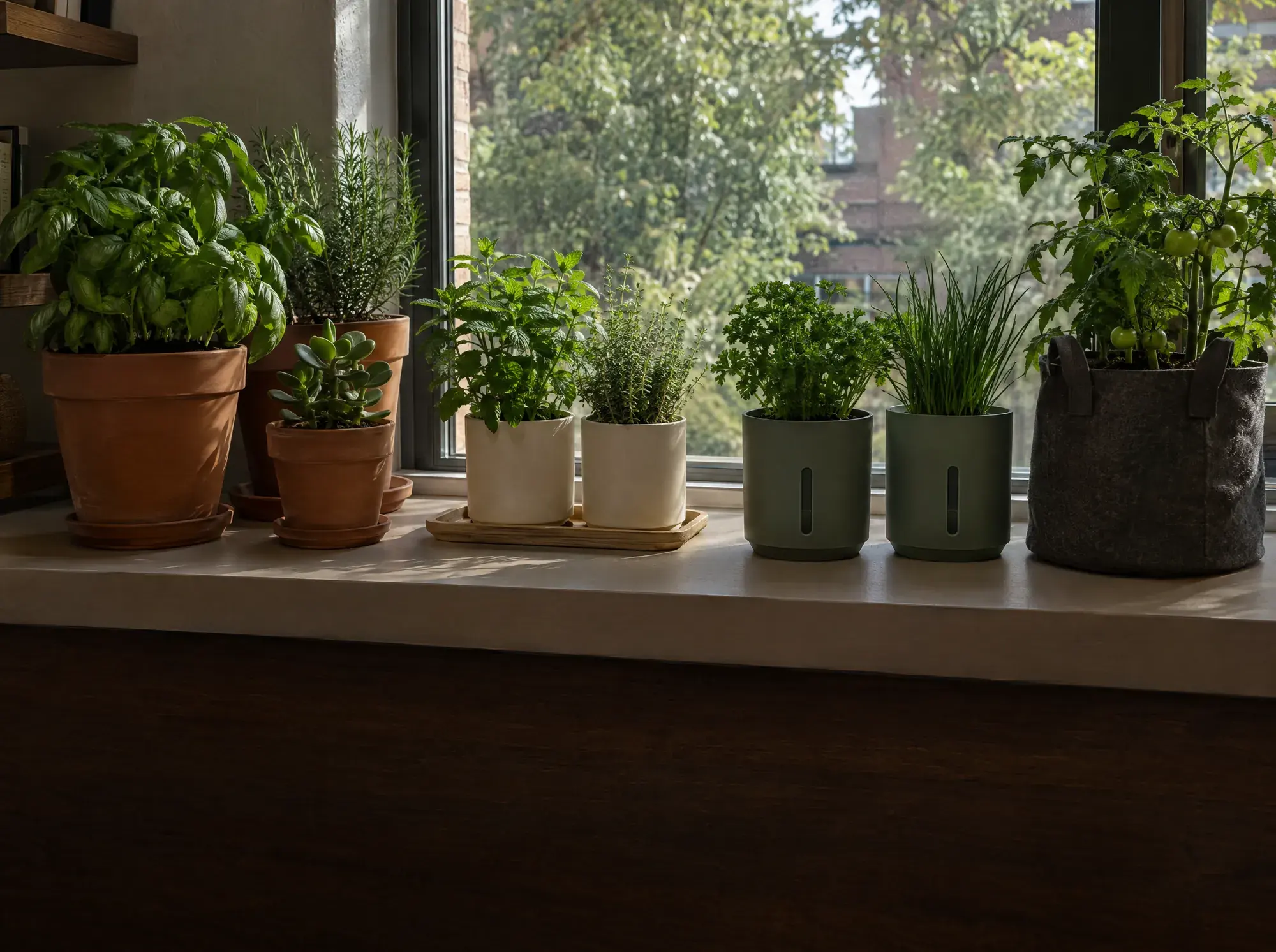 Terracotta, ceramic and self-watering planters with herbs and a fabric grow bag on a sunny windowsill