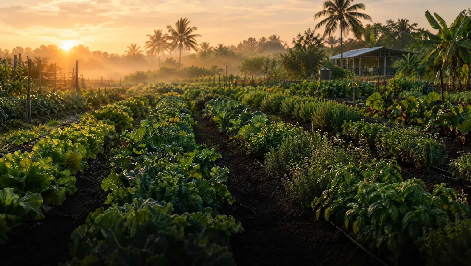 Rows of crops on a farm at sunrise