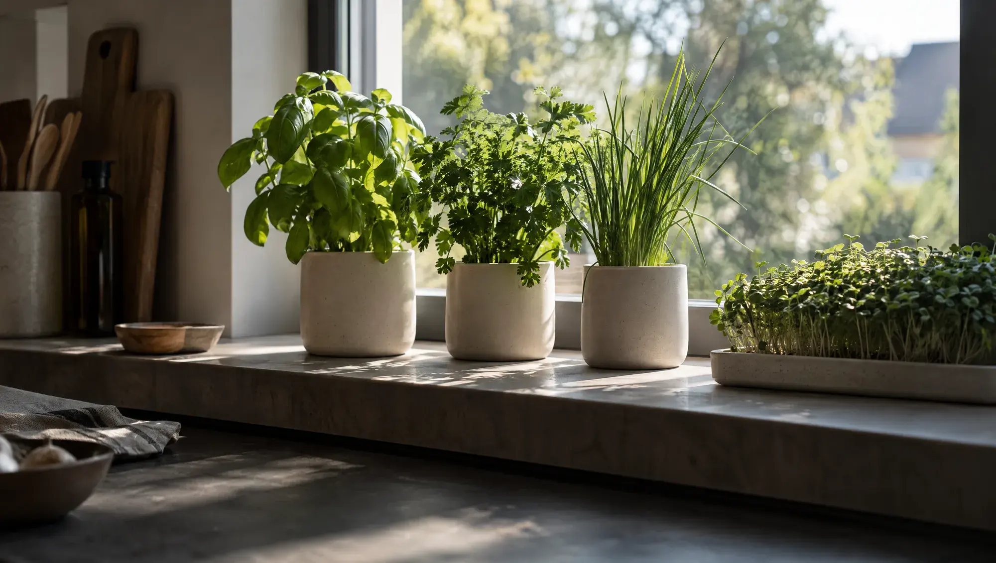 A kitchen windowsill with herbs and microgreens